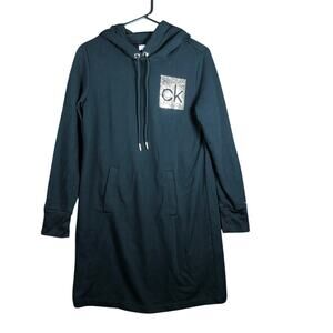 Calvin Klein Womens Sweater Dress Black Gold Pullover Hooded Pockets Medium